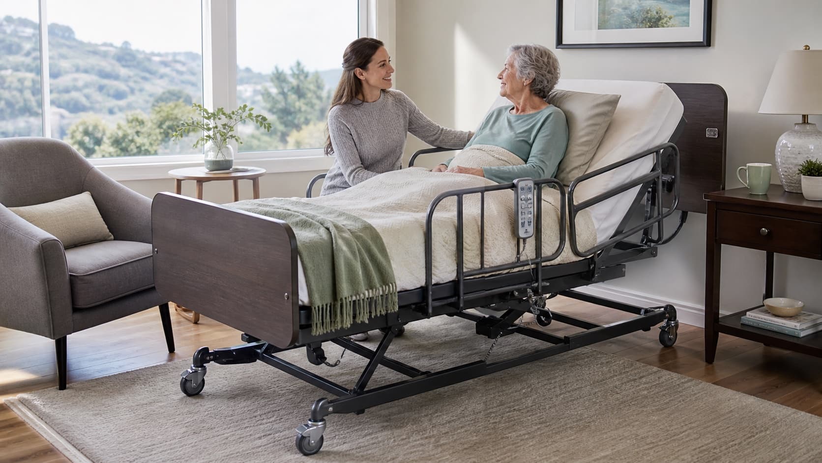 Family caregiver supporting an older adult using a hospital bed at home