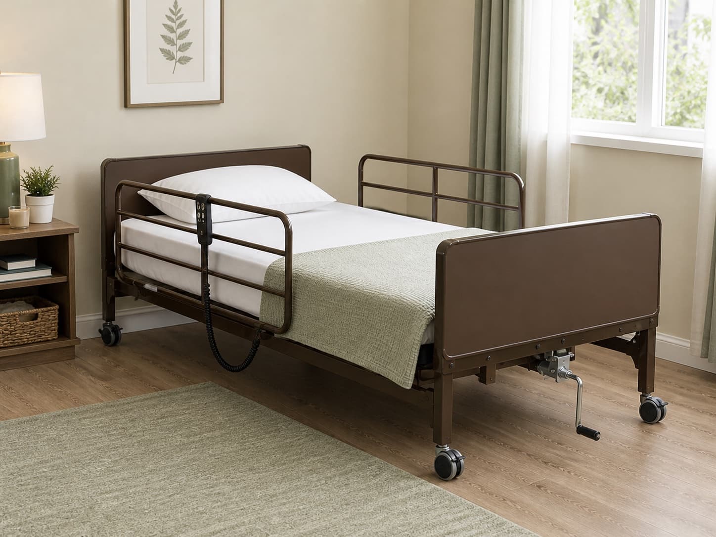 Semi-electric homecare hospital bed shown flat with a visible manual height crank in a warm recovery room